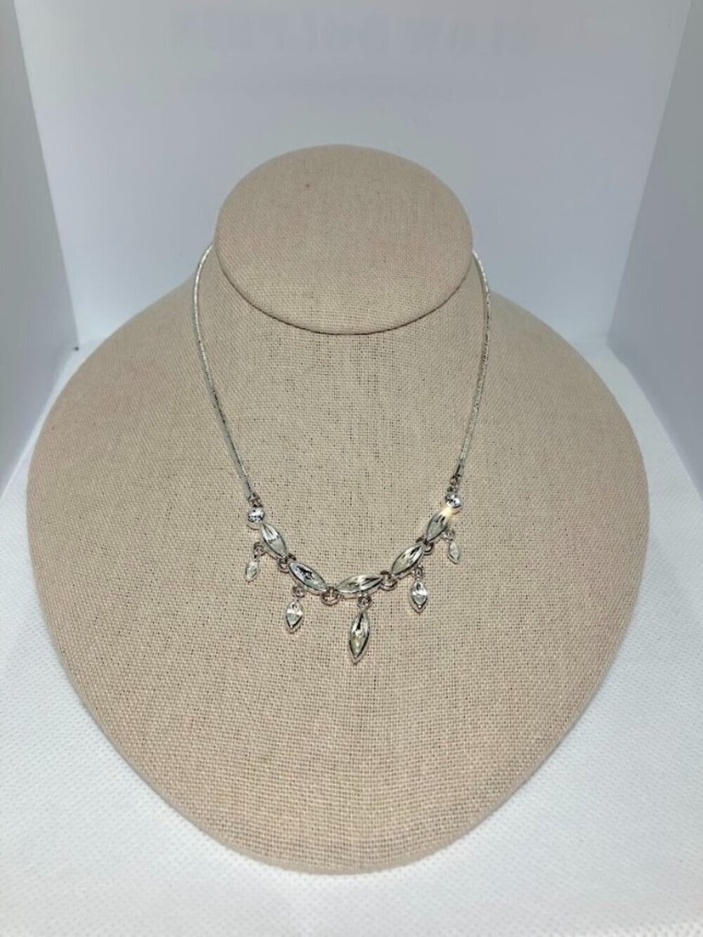 Monet Vintage Silver-Toned Rhinestone Drop Necklace Bridal Formal Princess